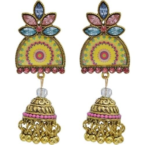 Colorful Crystal Beads Tassel Indian Jhumka Earrings For Women Ethnic Vintage pattern Gold Bohemian Flower Bells Drop Earrings