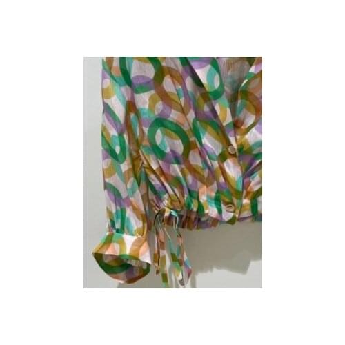 Summer Top for Women Rainbow Circle Print Shirt Drawstring Lace-Up Long Sleeve Blouse 2021 New Girls Clothes