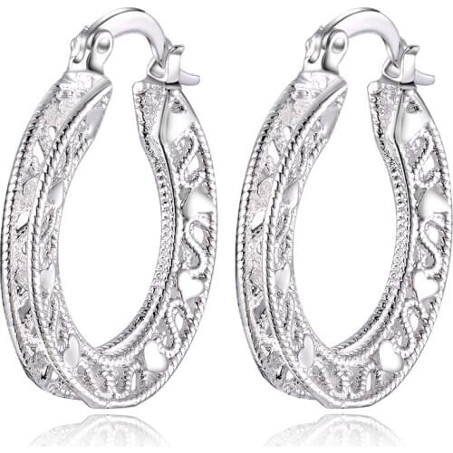 Fashion 925 Silver colorHollow Flower Earrings Large Hollow Round Earrings Carved Flower Pendant Earrings Women