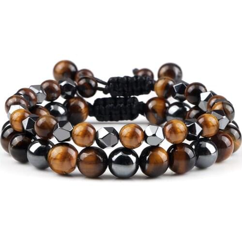 2pcs/set Handmade Hematite Bracelets Men Tiger Eye Stone Volcanic Lava Beaded Bracelets Bangle Ethnic Tibetan Yoga Wrist Jewelry