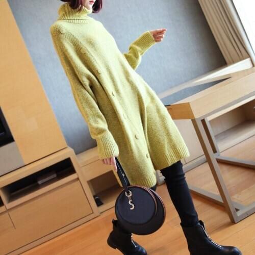 Solid Turtleneck Knitted New Year Dresses Women Long Sleeve Loose Thick Warm Holiday Dress Ladies Brief Sweet Cute Dress Femme