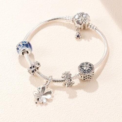 Original 925 Sterling Silver Bead Charm Lucky Four-leaf Clover Set Beads Women Pan Bracelet Bangle Diy Jewelry
