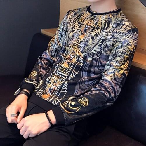 Autumn British Style Slim Fit Long Sleeve O Neck Velvet Luxury Velour Printing T Shirt Homme Club Outfit Men