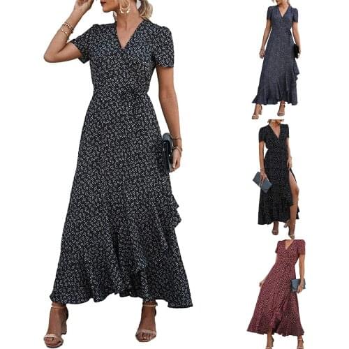 Women Short Sleeve Slit Dress, Printed Pattern Deep V-neck Ruffled Hem for Female, Navy/ Black/ Wine Red
