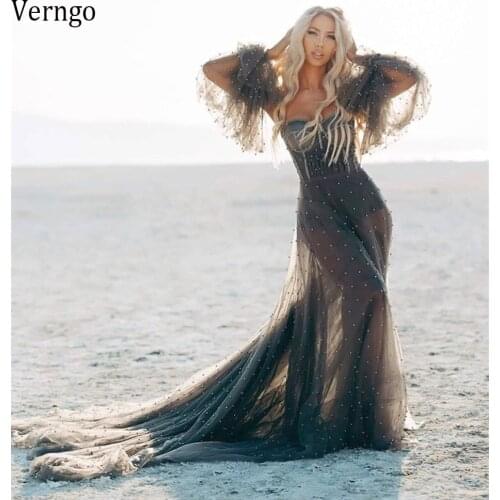 Verngo Gothic Gray Tulle Full Pearls Beach Wedding Dress With Removable Puff Sleeves A Line Formal Party Gowns 50 cm Train