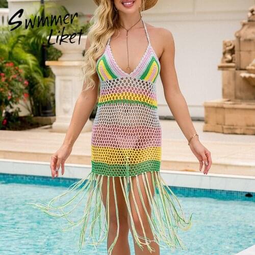 Hollow out see through clothing beach Colorful cover-ups Tassel beach dresses and tunics Halter crochet beach beachwear women