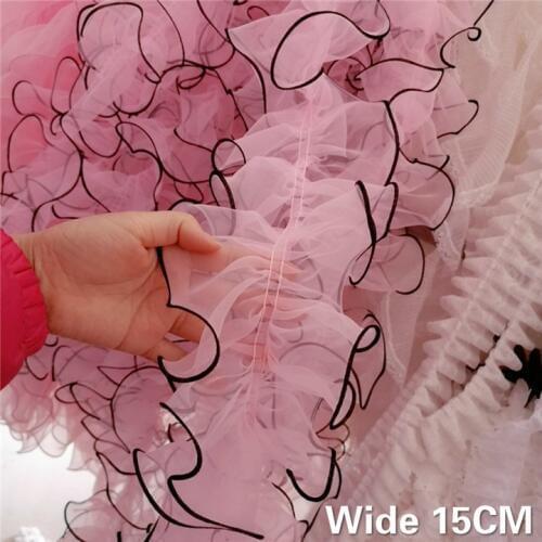 15CM Wide Luxury Pink Tulle Organza Lace Fabric Ruffle Trim Ribbon Collar Dress DIY Sewing Guipure Supplies Clothing Accessories