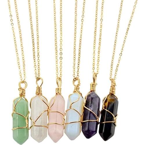 Hexagon Natural Quartz Pendant Copper Wire Wrapped Stone Neckalce Charm Genuine Stone with Gold Color
