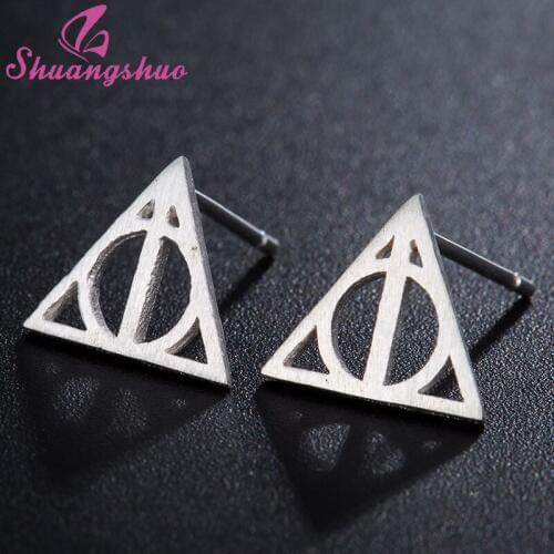 Shuangshuo Hollow Halloween Earrings Deathly Hallows Stud Earrings for Women Gold Color Geometric Jewelry Girlfriend Gifts