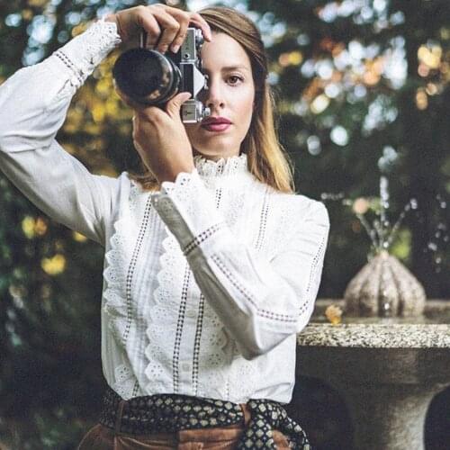 White Hollow Out Blouse Woman Long Sleeves Ruffles Round Neck Elegant Shirts Chic Vintage 2021 Spring Autumn blouses femme