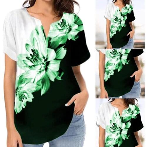 Womens Fashion New Printed Short Sleeve V-Neck T-Shirt Green