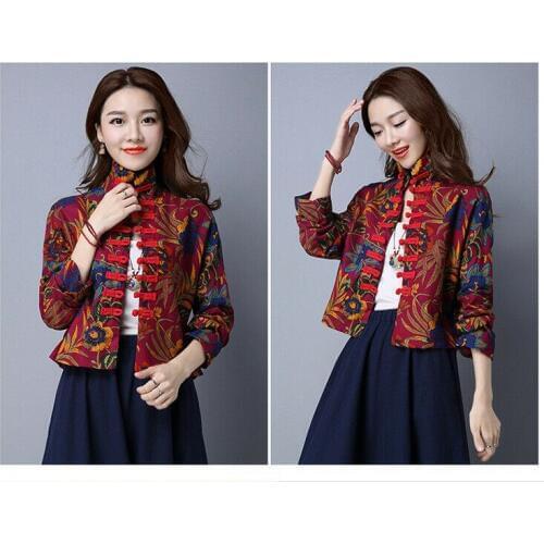 Tang Style Womens Long Sleeve Jacket Chinese Style Button Down Autumn Cotton Hemp Retro Coat National Republic Of China Style