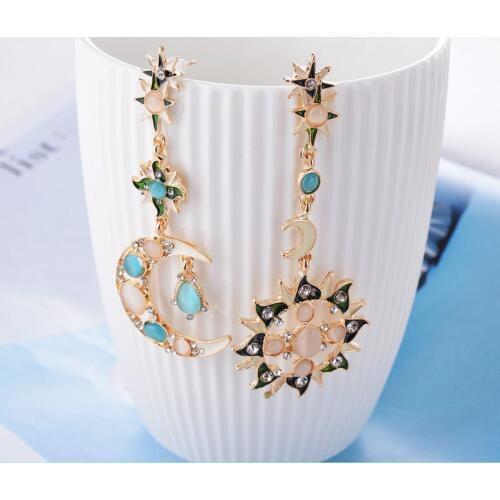 Women Girls Fashion Star Sun Moon Rhinestone Earrings Green Big Long Pendant Crystal Dangle Earring Charms Jewelry Gifts