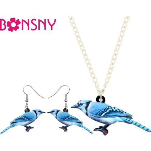 Bonsny Acrylic Jewelry Sets Cute Blue Jay Bird Necklace Earrings Choker Fashion Pendant For Women Girls Gift Party Accessories