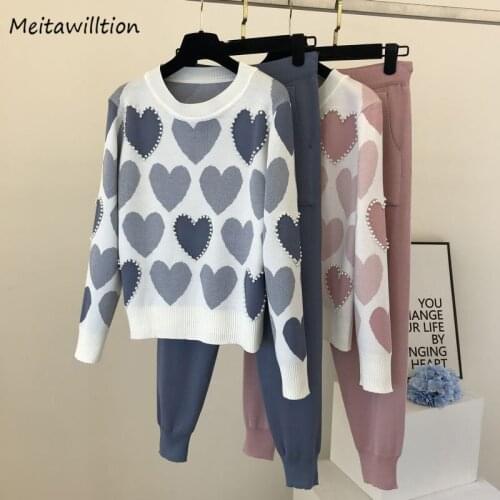 Women Autumn Winter Knitted Two Piece Set 2020 Casual Long Sleeve Beading Sweater + Pants Suit Korean Lovely Printed Tracksuit
