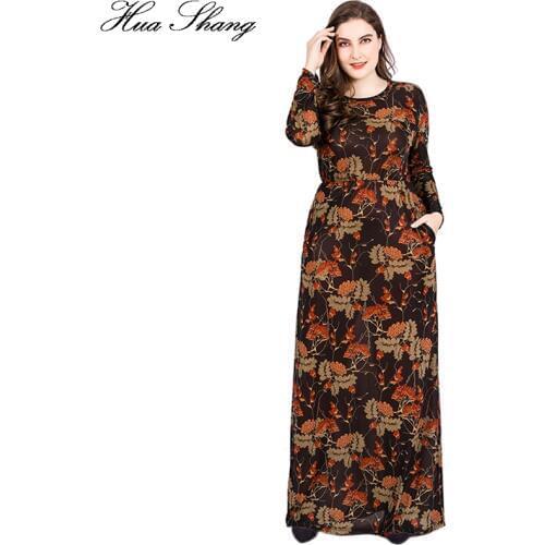 6XL Plus Size Long Dresses With Long Sleeve Women Summer Retro Floral Printing Vintage Dress Pockets Floor Length Party Dress
