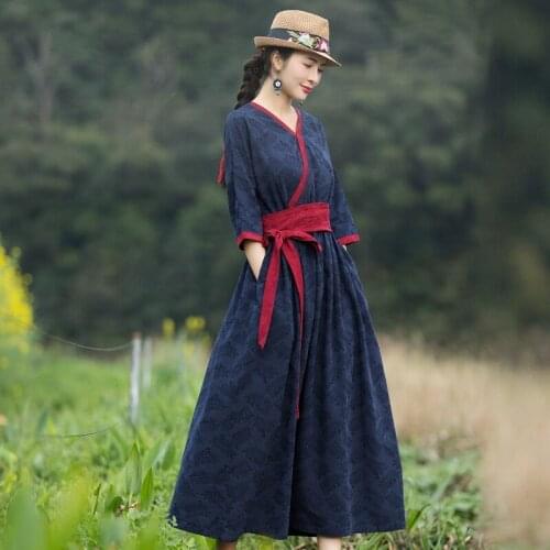 Women Autumn Casual Long Dresses New 2020 Arts Style Vintage Chinese Loose Comfortable Cotton Linen Female A-Line Dress 12726