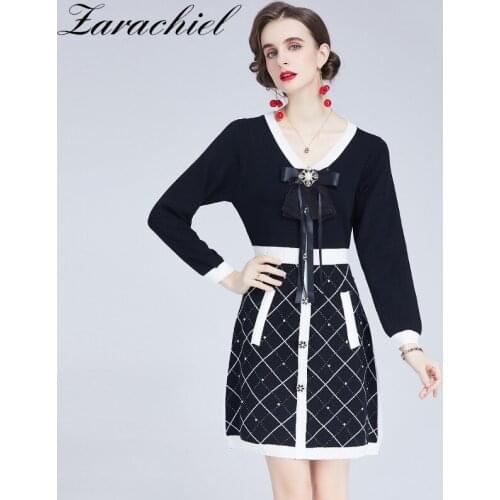 High Quality Beading Diamonds Bowknot V-Neck Plaid Knitted Dress Womens Autumn Long Sleeve Color Contrast Sweater Mini Vestidos