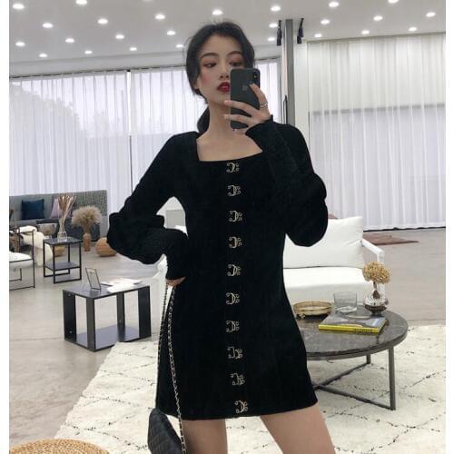 Womens Spring Vintage Black Color Velvet dress Female Casual Vacation One Piece sexy Short Dress TB549
