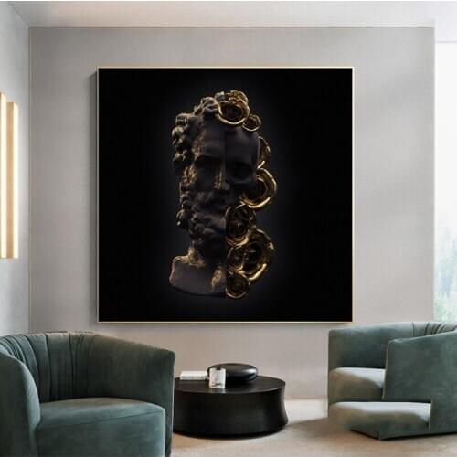 Gold and Black Sculpture with Skull Flower Posters And Prints Canvas Paintings on the Wall Decorative Canvas Picture for Room