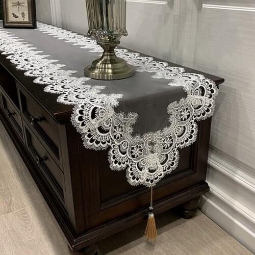 1Pcs Oval Table Runner Lace embroidered dresser shoe cabinet coffee table Lace Pendant Tassel tablecloth dustproof cover