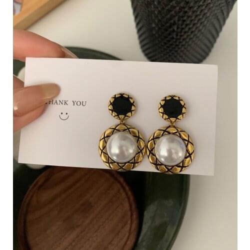 2021 Fashion Vintage Statement Drop Earrings White Pearl Geometric Round Dangle Earring For Women Trend Gold Metal Gift Jewelry