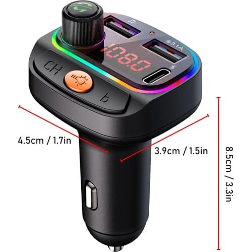 Car Charger USB C BT FM Charger Colorful Backlit Hands-free Calls Music Player with Dual USB Port