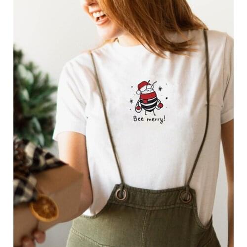 Colored Bee Merry T-shirt Camiseta Cute Winter Holiday Top Tee Shirt Funny Women Short Sleeve Christmas Gift Tshirt
