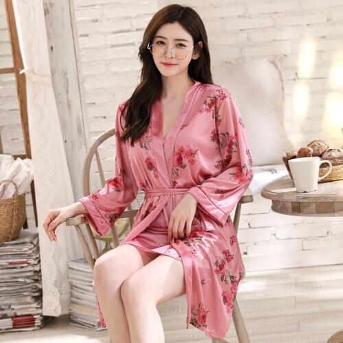 Spring Autumn New Sexy Suspender with Chest Cushion Robe Womens Ice Silk Robe Two Piece Hotel Bathrobe Home Clothes Robe Sets