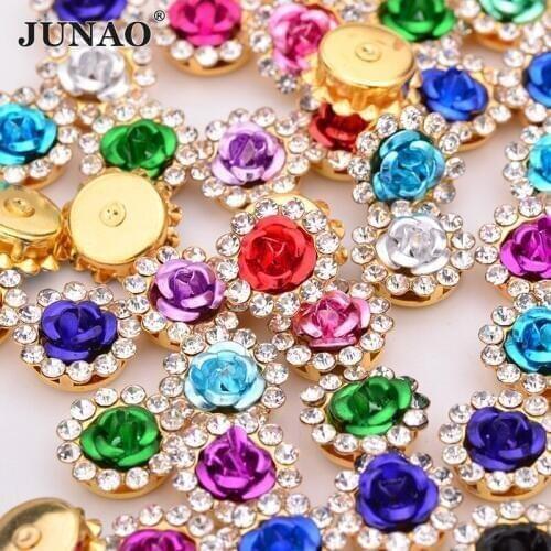 JUNAO 50pcs 10 12 14 mm Sewing Mix Color Flower Rhinestone Sew On Glass Crystal Stone Bridal Beads Applique Gold Claw Strass