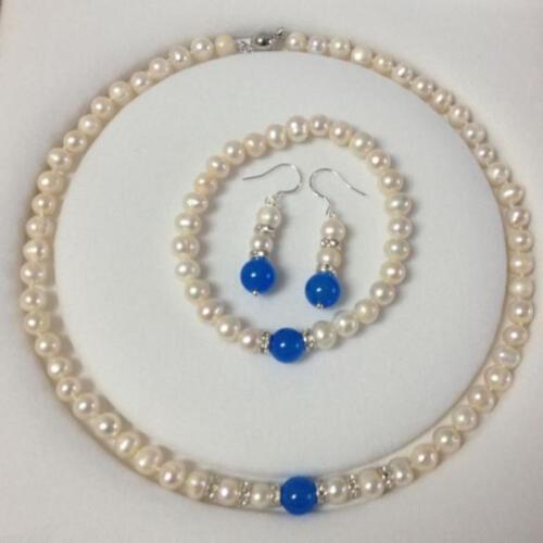 Hot 7-8mm White Cultured Pearl Blue Sapphire Necklace Bracelet Earrings Set