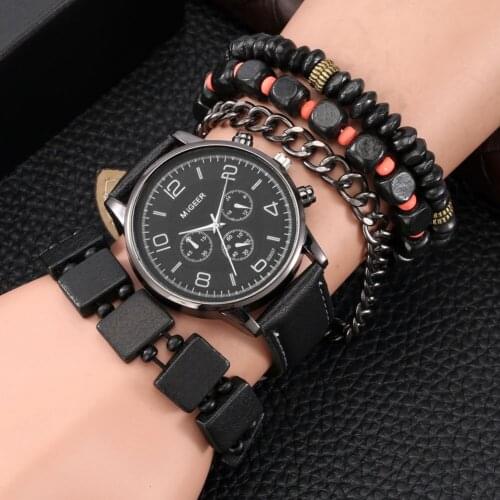 2021 Men Watch Bracelet Set Retro Black Bracelet Sets Gift Male Fashion Luxury Leather Strap Quartz Wristwatches Business Clock