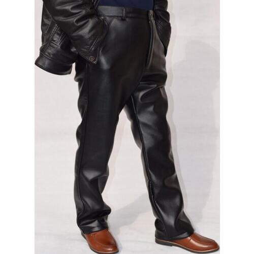 Male leather pants mens plus velvet thickening high waist loose straight windproof waterproof men motorcycle leather trousers