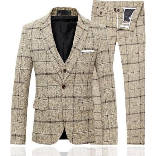 2020 Winter New Brand Fashion Mens Suit Business Casual Mens Plaid print suit Asian size 3 pcs set Banquet Wedding Mens Suit