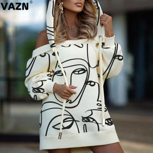 VAZN 2020 Autumn Novelty High Quality Nature Free Daily Sexy Hooded Full Sleeve Off Shoulder Women Straight Mini Dress