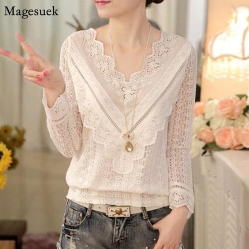 New Spring Crochet Floral Women Blouse V Neck Long Sleeve Lace Female Shirts Tops Korean Casual Office Solid Shirt Blouses 63C