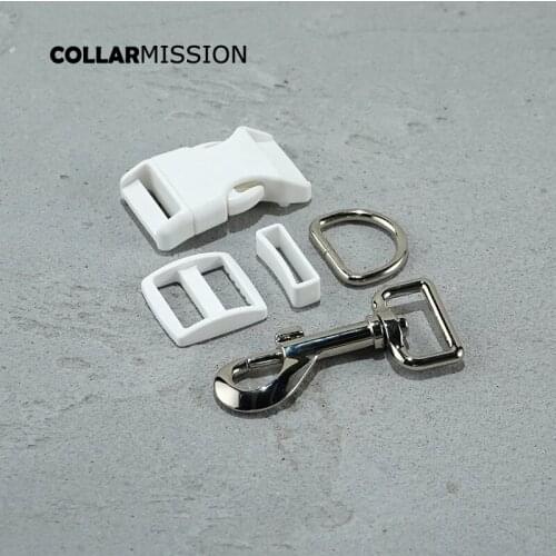 Plastic buckle+Tri-Glid+square keeper+D ring+metal dog clasp/set)Good quality white 25mm DIY dog collar accessories