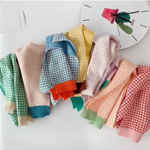 Simple Plaid childrens scarf autumn and winter new ins Korean fashion knitted scarf for boys and girls to keep warm