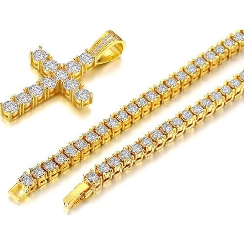 Luxury Hip Hop Bling Cross Necklaces for Men Women Gold Tone Shiny Twisted Rope Tennis Chain Punk Pendant Gifts Jewelry