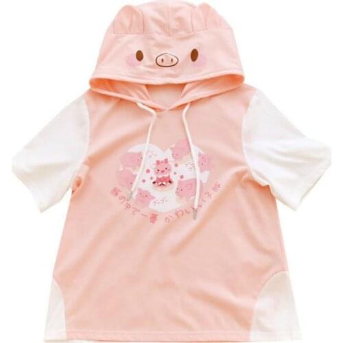 Pink Short Sleeve Cotton Hooded Sweatshirt Women Summer Sweet Hoodie Korean Female Cute Pig Kawaii Girls Purple Hoodies Clothes