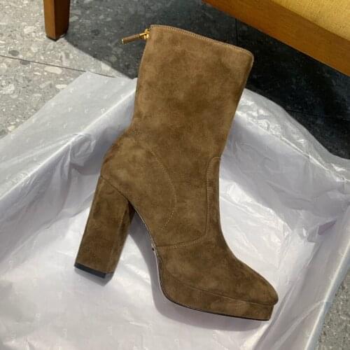 New Hot Sale Winter Shoes Woman Mature Kid Suede Mid-Calf Boots Woman Platform Boots Round-Toes High Heels Boots Sapato Feminino