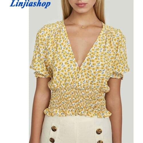 Chic Vintage Sunflower Print Yellow Cropp Top Elastic Waist blusas Camis V Neck Blusa Feminina drop shipping