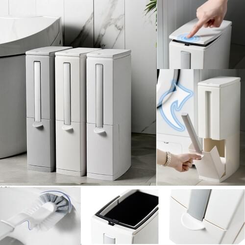 Narrow Trash Can Set with Toilet Brush Bathroom Plastic Waste Bin Dustbin Cans Garbage Bucket Dispenser 3-in-1 Decor Accessorie