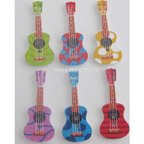 WBNWGK Fancy Guitar shape wood painting Buttons Mix 100pcs Children welcomed decorative Button sewing Holes