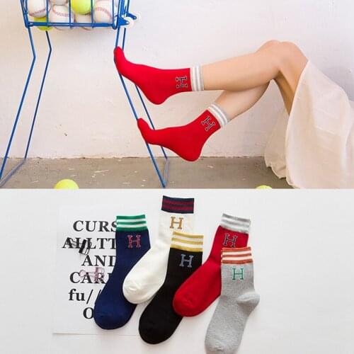 ZDL-231 Cotton Women Funny Hip Hop Striped Pattern Casual Kawaii Letter H Female Short Sock Korea Style 10 Pairs