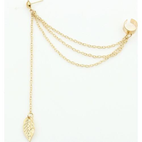 Chain Linked Metallic Leaf Pendant One Side Clip One Side piercing Trendy Clip Earrings for Women Fashion Ear Wrap Jewelry