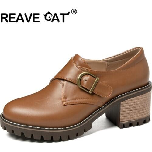 REAVE CAT New 2021 Women Pumps Round Toe 6cm Block Heels Buckle Classic Concise Exotic Big Size 31-43 Breathable Casual A3754