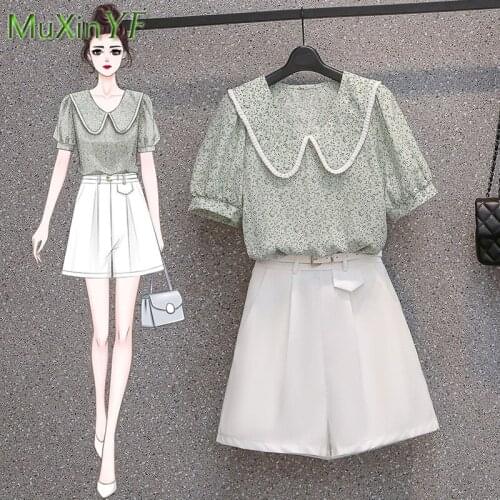 Womens Shorts Set 2021 Summer New Doll Collar Floral Shirt Casual Top Pants Two-piece Korean Fashion Plus Size Clothes Set