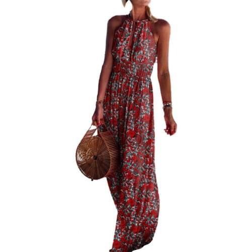 Bohemian Women Dress Sleeveless Backless Paisley Floral Print Halter Maxi Dress Streetwear for Party