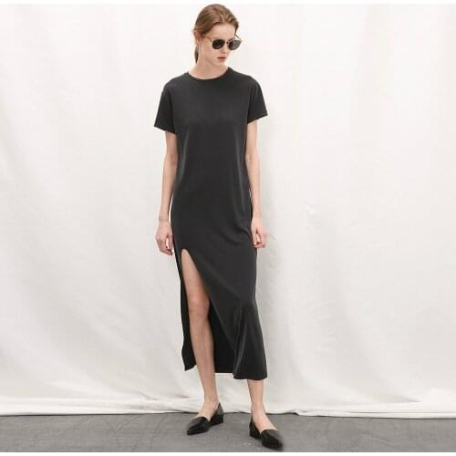 Women Summer Long Dress with Slit Short Sleeve Black Tshirt Dress Girls Casual Wear Sexy Loose Basic Modal T Shirt Dress Elegant